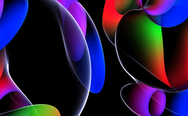 Wall Mural - 3d render abstract art parts of surreal 3d ball or sphere in curve wavy round and spherical lines forms in transparent plastic material with glowing green blue red neon color parts on black background