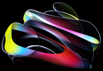 Wall Mural - 3d render abstract art part of surreal 3d alien flower in curve wavy round and spherical lines forms in transparent plastic material with glowing yellow neon color lines or stripes on black background