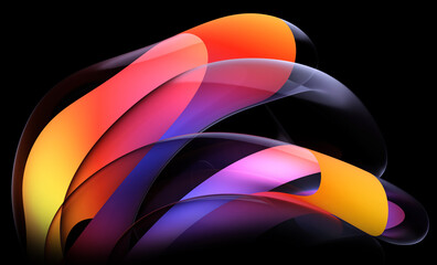 Wall Mural - 3d render abstract art part of surreal alien flower in curve wavy round and spherical lines forms in transparent plastic material with glowing red purple and orange color inside on black background