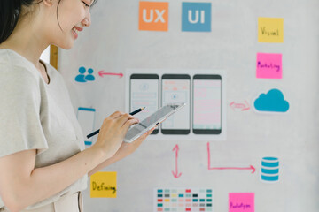 Wall Mural - creative ux ui designer working on screens for mobile responsive website development, focusing on ui