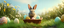 Background Of An Easter Bunny In A Basket Full Of Easter Eggs. Happy Easter