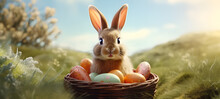 Background Of An Easter Bunny In A Basket With Colorful Easter Eggs. Happy Easter