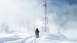 Wintertime image with a man scaling a radio mast amid snowy conditions
