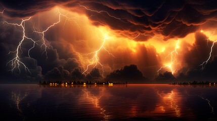 Wall Mural - Atmospheric Lightning: Electrical discharges that illuminate dark clouds and create a stunning ligh