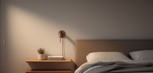 Wall Mural - A minimalist bedroom with a wall-mounted reading lamp.