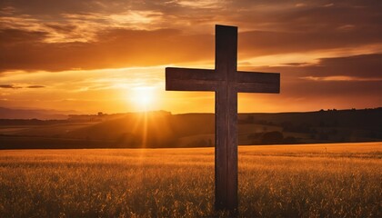 Silhouette of Christian cross on grass at sunrise - spiritual, serene scene