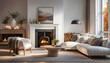 © Perecciv - Cozy modern room design with white sofa and fireplace, cozy peaceful atmosphere of a beautiful home, modern space design,