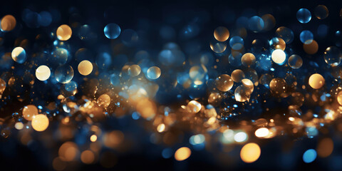 Wall Mural - Magical bokeh effect with twinkling blue lights and gold sparkles set against a backdrop of midnight black