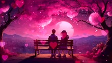 A Couple Watch Falling Star In Night Sit On Bench, Romantic Moment Video Background Anime Style Cartoon