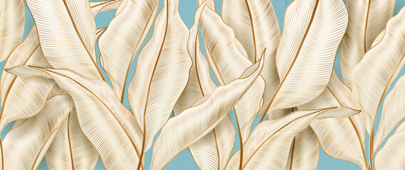 Luxury light abstract art background with palm leaves in golden line art style. Botanical banner with tropical plants for wallpaper, decor, print, poster, interior design, packaging