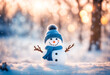 happy chraming snowman in woods with cold snow, frost, trees, warm holiday light bokeh and snow flakes