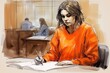 woman prisoner in orange jumpsuit in courtroom