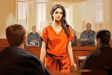 Canvas Print - woman prisoner in orange jumpsuit in courtroom