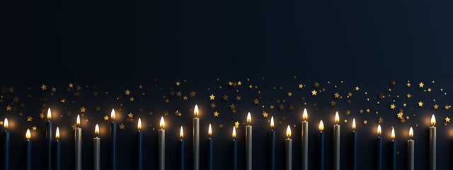 Wall Mural - Flaming candles at night on dark blue background with lights. Candles in Christian church as catholic symbol. Abstract festive backdrop. Christmas eve or Chanukah banner with copy space