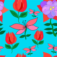 Wall Mural - pink, purple and red flowers seamless vector repeat pattern