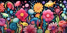Background With Yellow Fish And Flowers