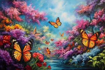 Wall Mural - An enchanting image of a garden filled with fluttering butterflies and blooming flowers. The vibrant colors of both the butterflies and the blossoms