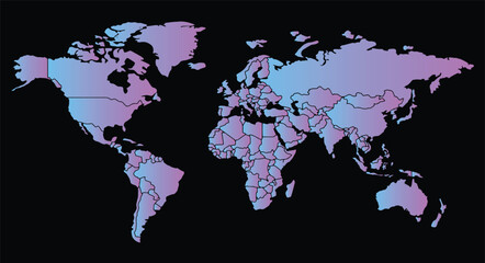 detailed blue purple gradient world map separated country, vector illustration isolated on black bac