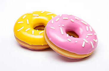 two donuts with icing and colorful sprinkles on a white background