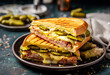 Close-up of a single serving of an authentic Cuban sandwich, mounds of pork shoulder and sliced ham alternating between layers of Swiss cheese and tart pickles
