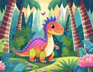 Wall Mural - Illustration of cute rainbow dinosaur cartoon in the jungle