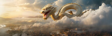 An Image Of An Asian Dragon Flying In The Clouds