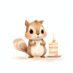  Watercolor chipmunk with a cake