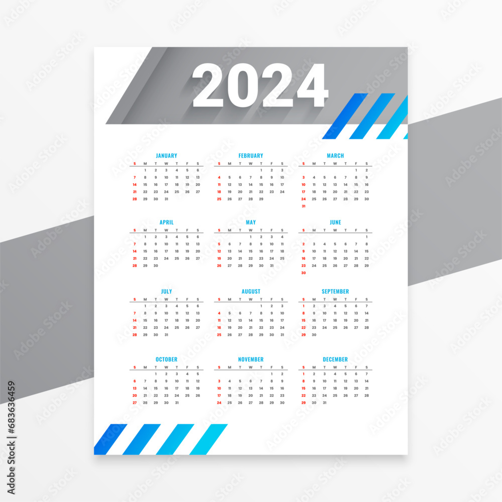 elegant white and blue 2024 annual planner calendar layout design Stock ...