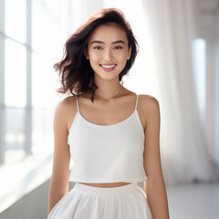 Wall Mural - Asian woman in white top camisole poses against clean white wall with her black hairstyle, fresh bare skin, the concept of beauty, skincare, and health wellness. Generative AI.