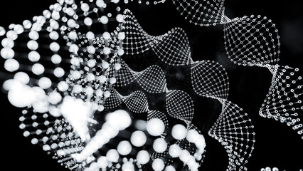 Wall Mural - rotating movement of flying spheres in space. design. monochrom spiral shapes of small dots.