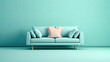 © Planetz - Soft blue sofa on blue background, 3D illustration, generated image. Modern minimalistic living room interior detail. Cosiness, social media and sale concept, creative advertisement idea