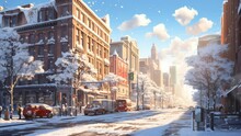 New York City In Winter And Snowfall, Anime Illustration Style. Seamless Looping Video Background Animation. Generated With AI