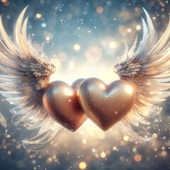 A pair of love hearts with wide spread angel wings, Love and Valentine's day 
