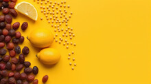 Top View Of An Minimalistic Fruits Yellow Background With Copy Space Selective Focus