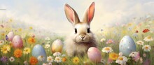 Easter Bunny With Colorful Eggs On The Meadow With Flowers.