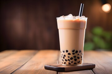 milk tea with boba on wooden table with blur background