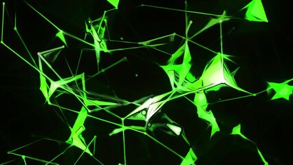 Wall Mural - electronic web of triangular lines. motion. moving cyber web in 3d space on black background. triang