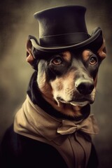 Wall Mural - black dog wearing a vintage top hat - in the style of old gentleman portrait