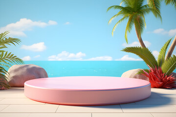 Wall Mural - cute 3d render of empty round pedestal on tropical background