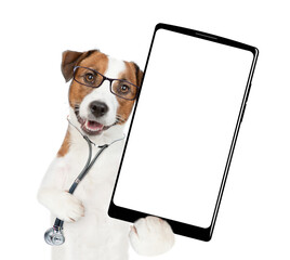 Aufkleber - Smart Jack russell terrier puppy wearing like a doctor with stethoscope on his neck showing big smartphone with white blank screen in it paw. isolated on white background