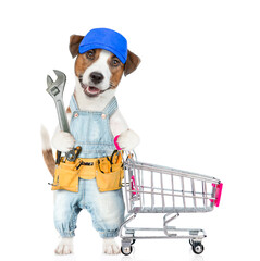 Poster - Funny Jack russell terrier puppy wearing blue cap and denim overalls with tool belt holds adjustable wrench pushing the shopping cart. isolated on white background