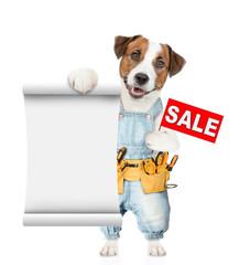 Poster - Funny puppy wearing denim overalls with tool belt shows empty list and signboard with labeled 