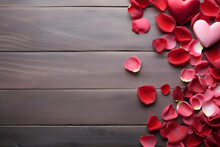 Valentines Day Composition, Flat Lay Petals On  Wood Top View Background With Copy Space