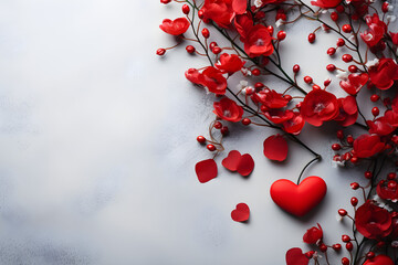 Wall Mural - valentines day composition, flat lay flowers and hearts top view background with copy space