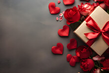 Valentines Day Composition, Flat Lay Hearts Roses And Present Top View Background With Copy Space