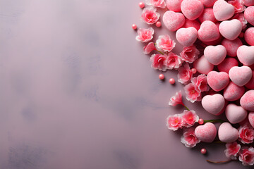 Wall Mural - valentines day composition, flat lay flowers and hearts top view background with copy space
