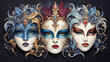 Carnival masks for costume parties. Set of illustrations for entertainment and carnival costumes with decorative elements on dark background. AI Generated