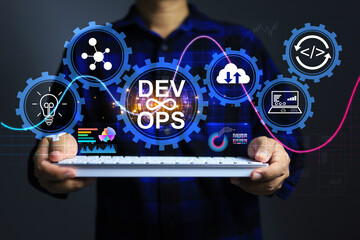 devops concept or development operations with programer or developer as dev ops engineer working to 