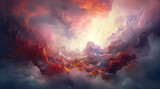 Fototapeta Natura - Abstract inferno red mountains aglow with a fiery red sunset amidst clouds.