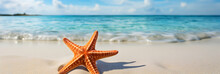 Tropical Beach With Sea Star On Sand, Summer Holiday Background. Travel And Beach Vacation. Web Digital Header With Copy Space, Ad Poster Template, Generative Ai